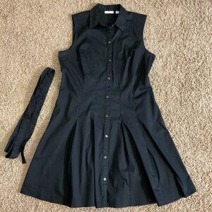 NY & Co Sleeveless Button Up Pleated A-Line Belted Shirt Dress, Black, Large
